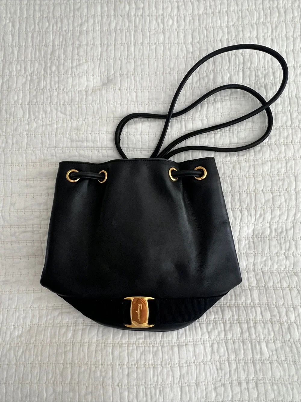 Vintage Salvatore Ferragamo Black Leather Drawstring Shoulder Bag - Picture 1 of 5